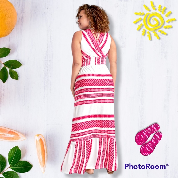 VENUS Smocked Waist Maxi Dress Size 16 White w/Pink Stripes By LASCANA for VENUS - Picture 3 of 10